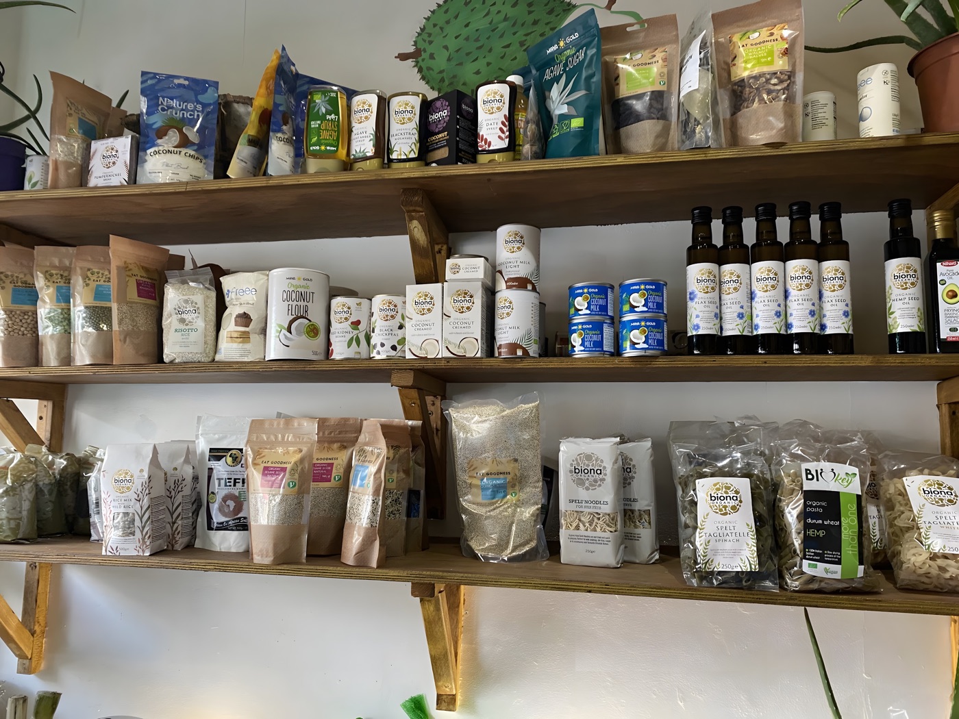 Organic pantry shelf at Alkaline Roots stocked with coconut, flax and spelt goods